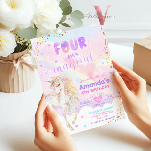 FOUR ever Magical Rainbow Unicorn Gold Birthday  Invitation