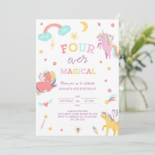 Four Ever Magical Unicorn 4th Birthday  Invitation