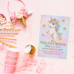 Four Ever Magical, Unicorn 4th Birthday Invitation