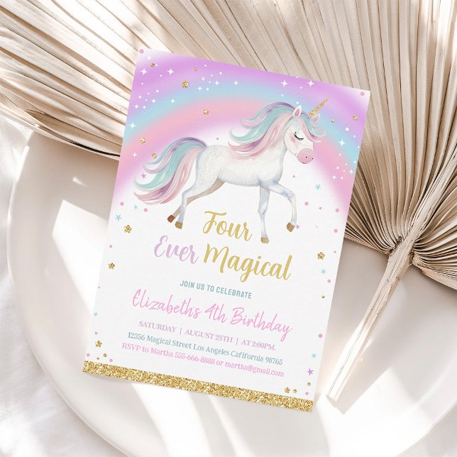 Four Ever Magical Unicorn 4th Birthday Invitation (Creator Uploaded)