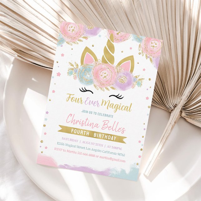 Four Ever Magical Unicorn 4th Birthday Invitation (Creator Uploaded)