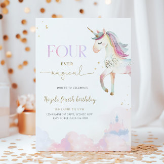 Four Ever Magical Unicorn 4th Birthday Party Invitation