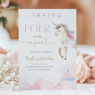 Four Ever Magical Unicorn 4th Birthday Party Invitation