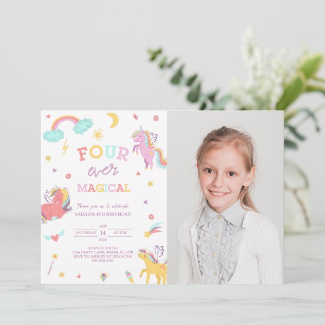 Four Ever Magical Unicorn 4th Birthday Photo Invitation (Standing Front)
