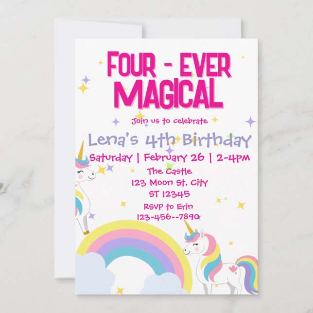 Four Ever Magical Unicorn Birthday Invitation  (Front)