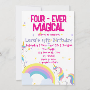 Four Ever Magical Unicorn Birthday Invitation 
