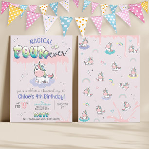 FOUR ever Magical Unicorn Cute Girl 4th Birthday Invitation