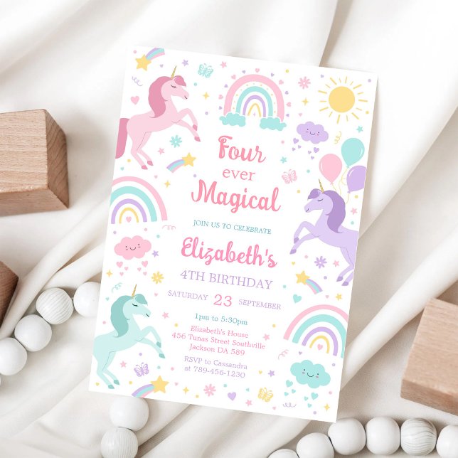 Four Ever Magical Unicorn Rainbow 4th Birthday Invitation (Creator Uploaded)