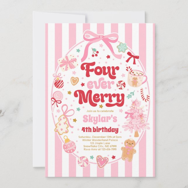 Four Ever Merry Christmas Bow 4th Birthday Invitation (Front)