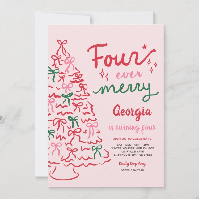Four Ever Merry Coquette Christmas 4th Birthday Invitation (Front)
