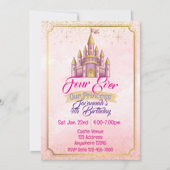 Four Ever Our Princess Purple Gold Castle Birthday Invitation (Front)