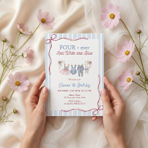 Four-ever Red White and Blue Girl Birthday Invite