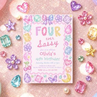 Four Ever Sassy Whimsical Gemstone 4th Birthday Invitation