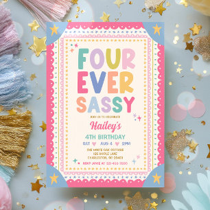 Four Ever Sassy Whimsical Girl 4th Birthday Party Invitation