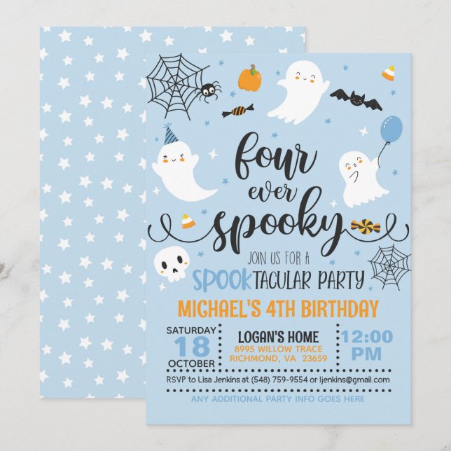 Four Ever Spooky Birthday Invitation - Blue (Front/Back)