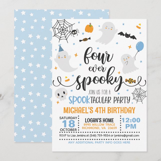 Four Ever Spooky Birthday Invitation - Blue/Wh (Front/Back)
