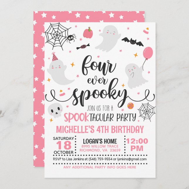 Four Ever Spooky Birthday Invitation - Girl (Wh/P) (Front/Back)