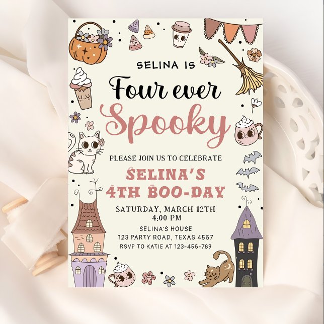 Four Ever Spooky Cute Ghost Halloween Birthday   Invitation (Creator Uploaded)
