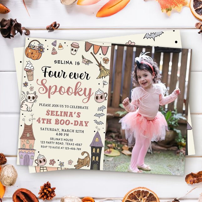 Four Ever Spooky Cute Ghost Halloween Birthday  Invitation (Creator Uploaded)