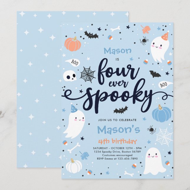 Four Ever Spooky Cute Halloween Ghost 4th Birthday Invitation (Front/Back)