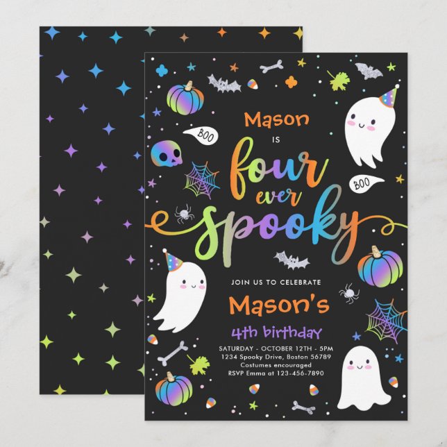 Four Ever Spooky Cute Halloween Ghost 4th Birthday Invitation (Front/Back)