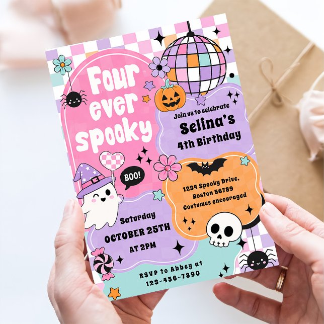 Four Ever Spooky Cute Halloween Ghost 4th Birthday Invitation (Creator Uploaded)