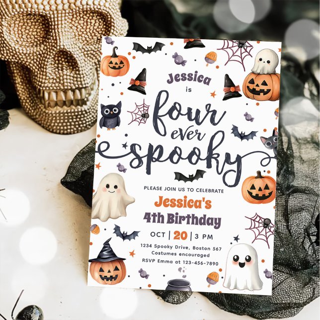 Four Ever Spooky Cute Halloween Ghost 4th Birthday Invitation (Creator Uploaded)