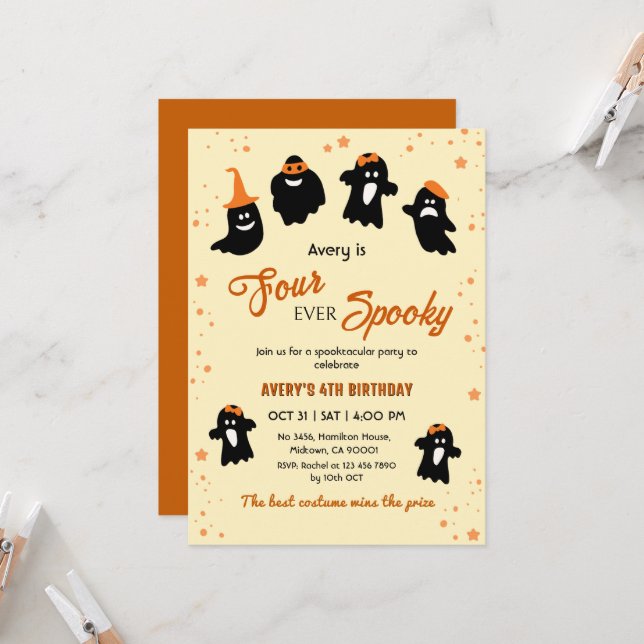 Four ever Spooky Halloween 4th Birthday Ghost  Invitation (Front/Back In Situ)