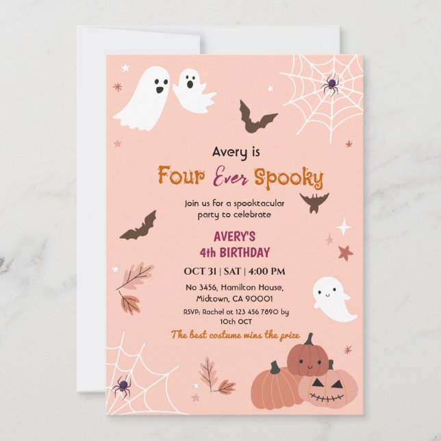 Four ever Spooky Halloween Birthday Ghost bats Invitation (Front)