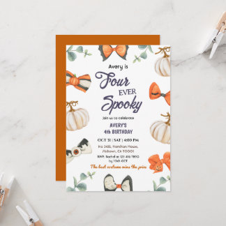 Four ever Spooky Halloween Birthday Pumpkin Bow Invitation