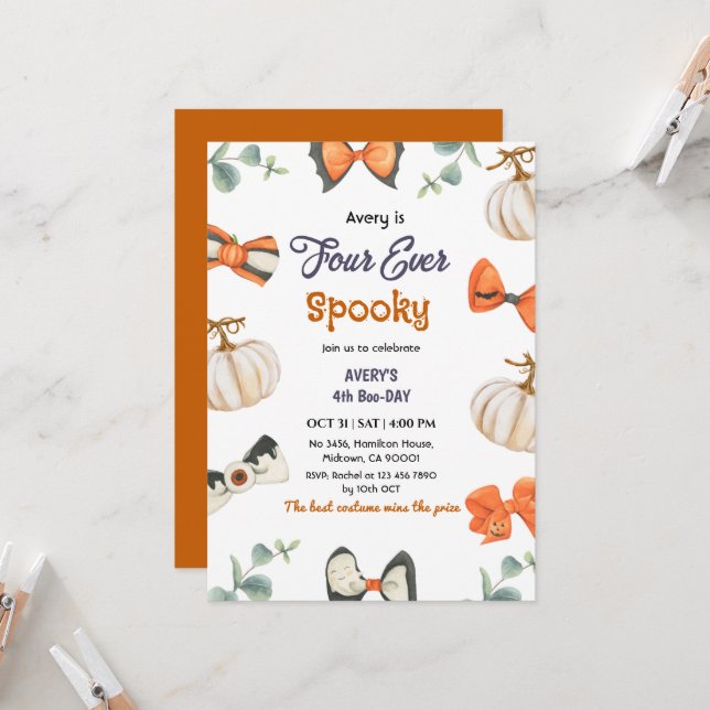 Four ever Spooky Halloween Birthday Pumpkin Bow Invitation (Front/Back In Situ)
