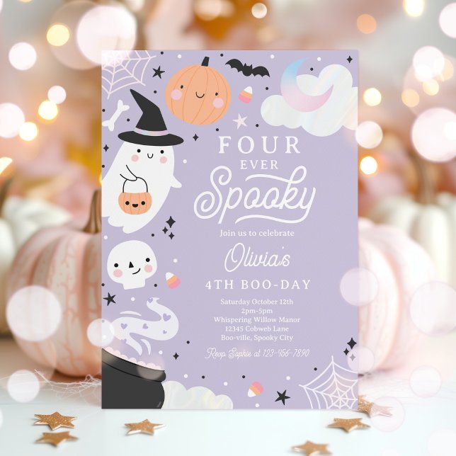 Four Ever Spooky Halloween Ghost 4th Birthday  Invitation (Creator Uploaded)