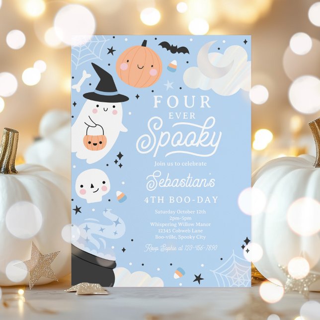 Four Ever Spooky Halloween Ghost 4th Birthday  Invitation (Creator Uploaded)