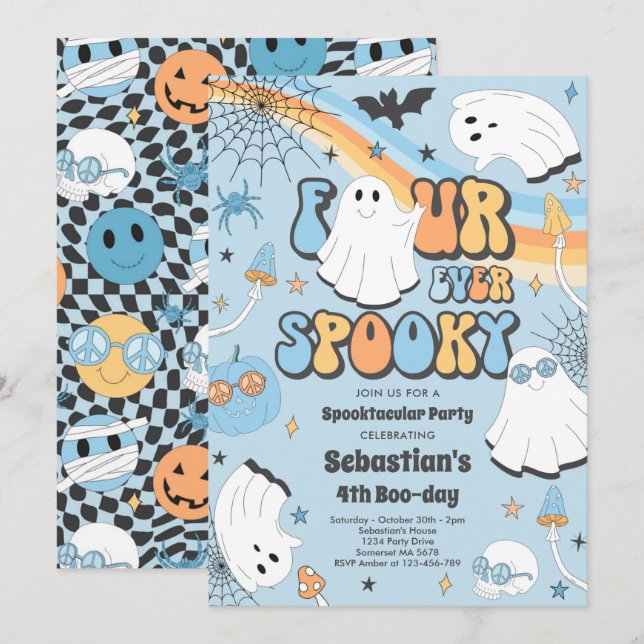 Four Ever Spooky Halloween Groovy Ghost Birthday Invitation (Front/Back)