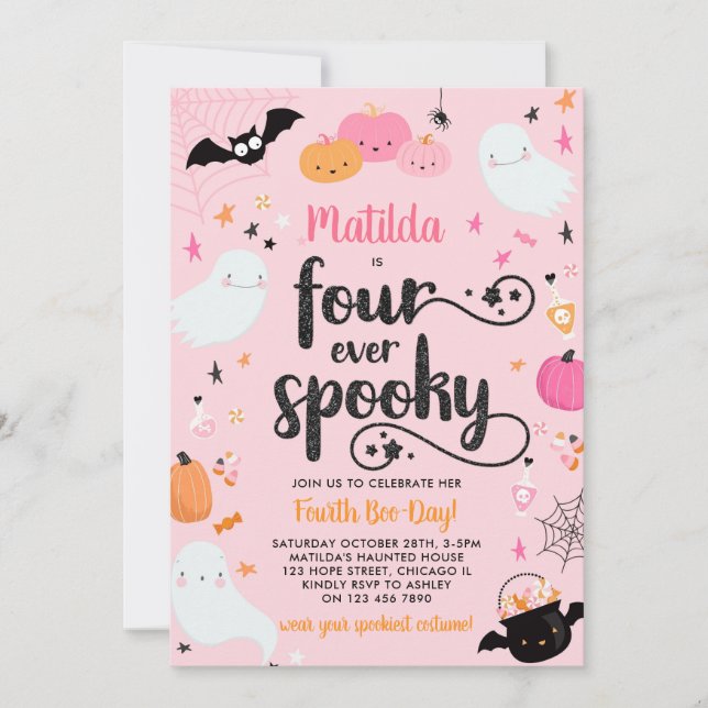Four Ever Spooky Pink Halloween 4th Birthday Party Invitation (Front)