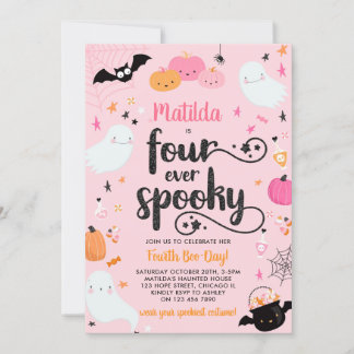 Four Ever Spooky Pink Halloween 4th Birthday Party Invitation