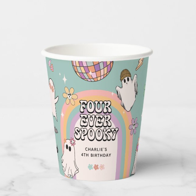 Four Ever Spooky Retro Halloween 4th Birthday  Paper Cups (Front)