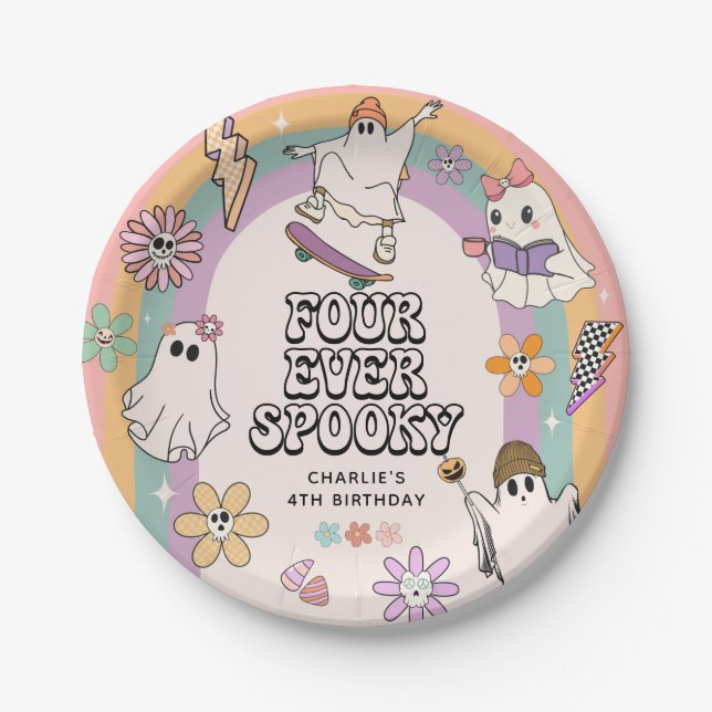 Four Ever Spooky Retro Halloween 4th Birthday Paper Plate (Front)