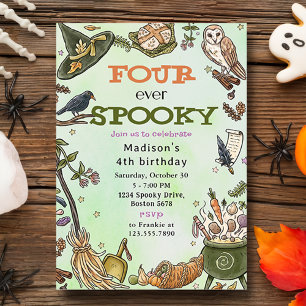 Four Ever Spooky Witch Halloween 4th Birthday Invitation