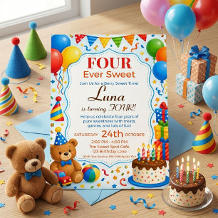 Four Ever Sweet 4th Birthday Party Cute Teddy Bear Invitation