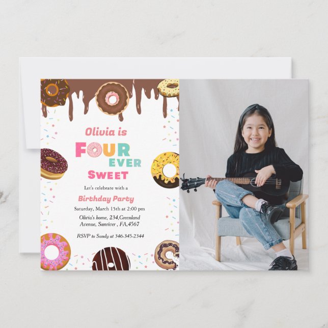 Four ever sweet birthday, sweet 4Th doughnut theme Invitation (Front)
