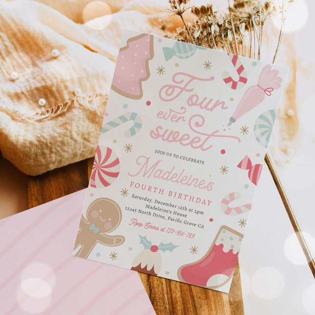 Four Ever Sweet Christmas Cookie 4th Birthday Invitation (Creator Uploaded)