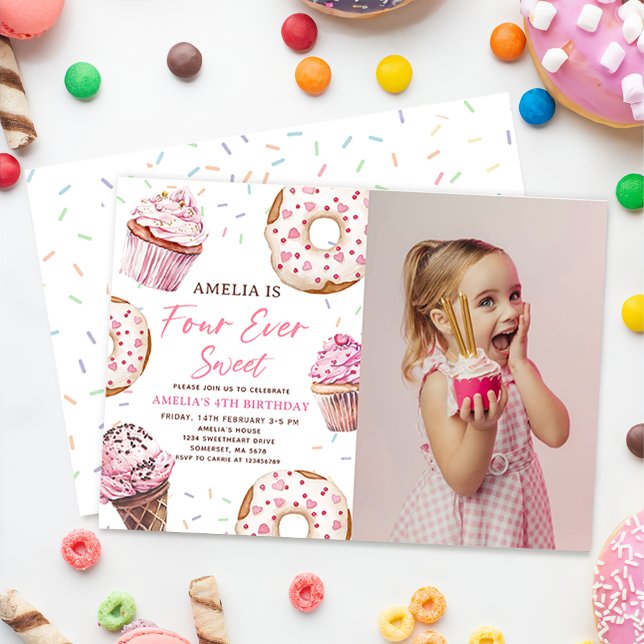 Four Ever Sweet Cupcake & Doughnuts 4th Birthday Invitation (Creator Uploaded)