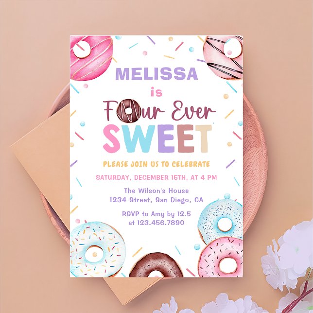 Four Ever Sweet Doughnut 4th Birthday Invitation (Creator Uploaded)