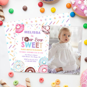 Four Ever Sweet Doughnut 4th Birthday Party Photo Invitation