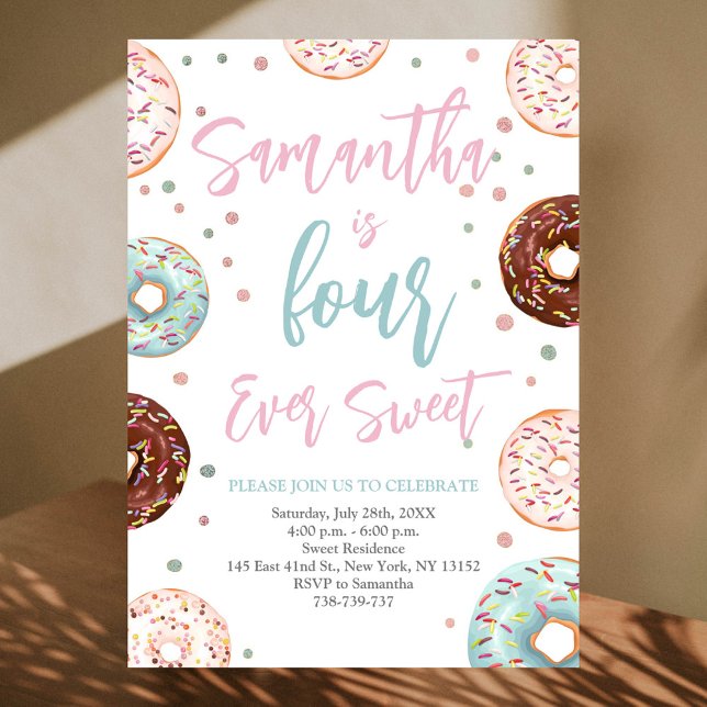 Four Ever Sweet Doughnuts Watercolor Birthday Part Invitation (Creator Uploaded)