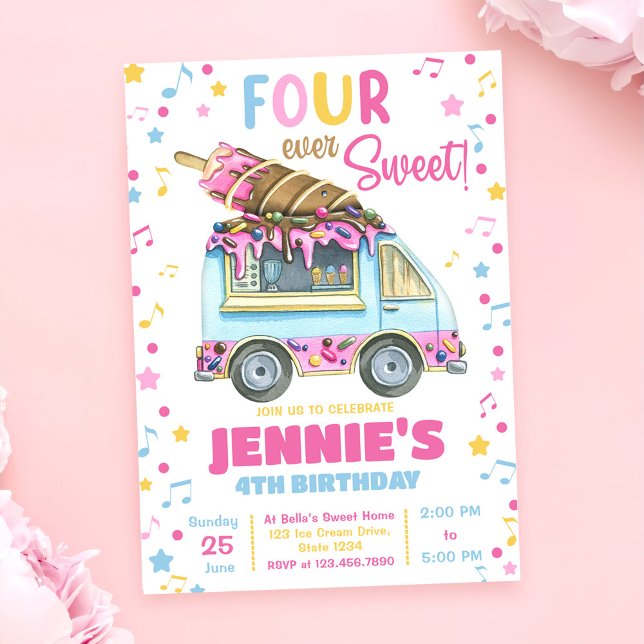 Four Ever Sweet Girls Ice Cream 4th Birthday  Invitation (Creator Uploaded)
