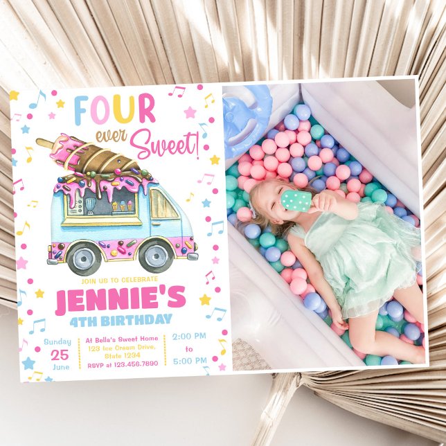 Four Ever Sweet Girls Ice Cream 4th Birthday  Invitation (Creator Uploaded)