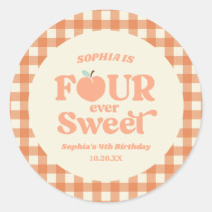 Four Ever Sweet Peach Fruit 4th Birthday Party Classic Round Sticker