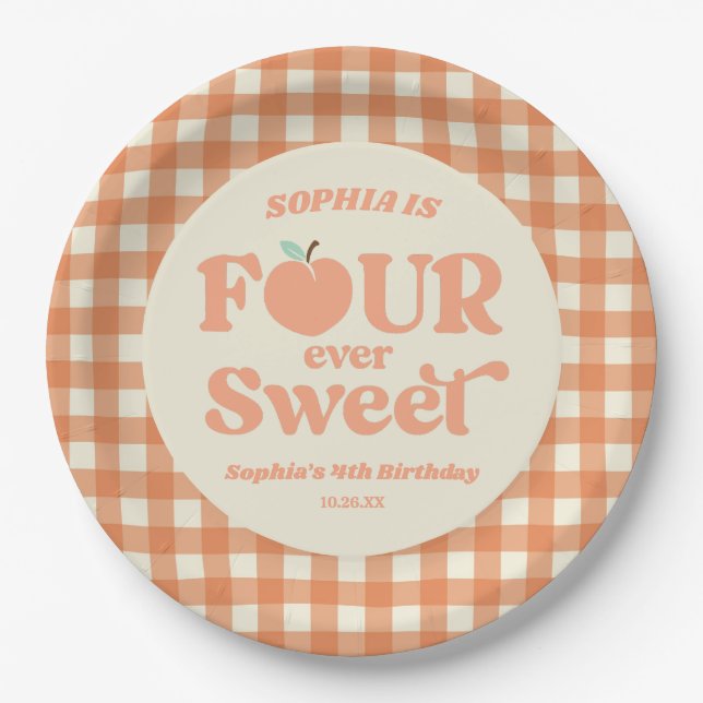 Four Ever Sweet Peach Fruit 4th Birthday Party Paper Plate (Front)